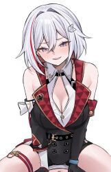 Rule 34 | 1girl, 1other, absurdres, black gloves, black shirt, black shorts, blue hair, blush, breasts, cleavage, commentary, english commentary, girl on top, gloves, highres, honkai: star rail, honkai (series), large breasts, miclipse, multicolored hair, parted lips, red hair, shirt, short hair, shorts, simple background, streaked hair, thigh strap, thighs, topaz (honkai: star rail), two-tone hair, white background, white hair