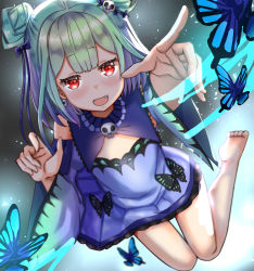 absurdres bug butterfly commentary_request detached_sleeves double_bun earrings fang flat_chest green_hair hair_between_eyes hair_bun highres hololive insect jewelry looking_at_viewer nootomo open_mouth red_eyes short_hair simple_background solo uruha_rushia uruha_rushia_(1st_costume) virtual_youtuber