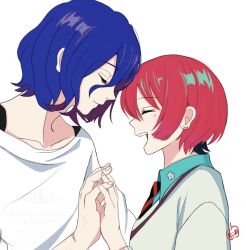 1boy 1girl amate_yuzuriha blue_hair closed_eyes collared_shirt colored_inner_hair commentary_request face-to-face gundam gundam_gquuuuuux jyujyunashi long_sleeves multicolored_hair necktie open_mouth palms_together profile purple_hair red_hair school_uniform shirt short_hair shuji_ito simple_background smile sweater two-tone_hair upper_body watermark white_background white_shirt
