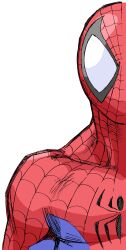 1boy bengus bodysuit capcom close-up game_cg highres looking_at_viewer male_focus marvel marvel_vs._capcom mask non-web_source official_art portrait red_bodysuit simple_background solo spider-man spider-man_(series) spider_web_print superhero_costume white_background