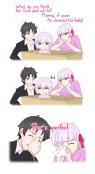 1boy 2girls blue_eyes crib english_text fate/grand_order fate_(series) father_and_daughter fujimaru_ritsuka_(male) hair_ribbon happy_tears highres if_they_mated kama_(fate) long_hair monochrome mother_and_daughter multiple_girls red_eyes red_ribbon ribbon short_hair tagme tears tetranort tissue