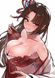 1girl absurdres ap_cammy breasts brown_hair cleavage clothes_lift hair_ornament highres large_breasts long_hair looking_to_the_side official_alternate_costume open_clothes parted_bangs red_nails shiranui_mai smile steaming_body street_fighter street_fighter_6 sweat upper_body white_background