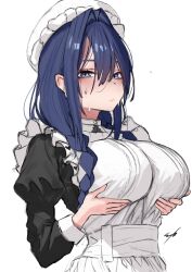 1girl absurdres apron black_dress black_hair blue_eyes braid breast_lift breasts commentary dress erroz_(errozthewhite) grabbing_own_breast hair_intakes hat highres hololive hololive_english long_hair low_twin_braids maid_apron mob_cap official_alternate_costume official_alternate_hairstyle ouro_kronii ouro_kronii_(maid) simple_background solo sweat twin_braids virtual_youtuber white_apron white_background