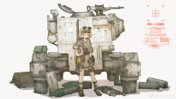 1girl absurdres blonde_hair blue_eyes boots brown_gloves closed_mouth collarbone commentary_request cup gloves goggles goggles_on_head gun hatch highres holding machine_gun manually-operated_mounted_gun mecha mug multicolored_eyes ne_baozi open_hatch original pipe_wrench robot sideways_glance simple_background solo standing tetris thank_you walker_(robot) watermark weapon weibo_watermark yellow_eyes