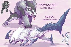absol absurdres black_hair claws full_body furry gen_3_pokemon gen_8_pokemon highres horns lluisabadias monster_hunter_(series) monsterification multicolored_hair nintendo obstagoon pokemon pokemon_(creature) red_eyes single_horn tail tongue tongue_out two-tone_hair white_fur white_hair