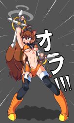 1girl animal_ears average-hanzo black_thighhighs blazblue boots breasts brown_eyes brown_hair cleavage clenched_hands dual_wielding emphasis_lines female_focus fingerless_gloves full_body gameplay_mechanics gloves highleg highleg_panties highres holding jaggy_lines japanese_text knee_boots large_breasts makoto_nanaya midriff miniskirt navel orange_skirt panties pixel_art punching shadow short_hair side_slit skirt solo squirrel_ears squirrel_tail tail thighhighs toned toned_female tonfa underboob underwear uppercut weapon zettai_ryouiki