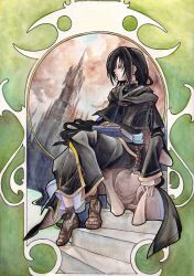 1boy black_hair book come-sta commentary_request facial_mark fire_emblem fire_emblem:_path_of_radiance forehead_mark hood hood_down long_hair male_focus nintendo object_on_lap sandals sitting solo soren_(fire_emblem)