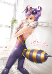 1girl antennae arthropod_girl ass bare_back bare_shoulders bee bee_girl blue_eyes bug capcom darkstalkers dated female_focus fur insect insect_girl insect_wings kneeling looking_at_viewer monster_girl no_pupils pantyhose purple_hair q-bee short_hair shoumura_(mix) signature sleeveless solid_eyes solo window wings