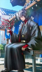 Rule 34 | 1boy, antonio salieri (fate), antonio salieri (over the same sky) (fate), architecture, black kimono, blue sky, closed mouth, commentary request, day, east asian architecture, fate/grand order, fate (series), folded fan, folding fan, full body, game cg, grey hair, hair between eyes, hand fan, holding, holding fan, holding mask, japanese clothes, kimono, long sleeves, looking at viewer, male focus, mask, medium hair, official art, outdoors, pfalz, photo background, red eyes, sandals, sitting, sky, solo, tabi, tassel, third-party source, turtleneck, unworn mask, wide sleeves, zouri