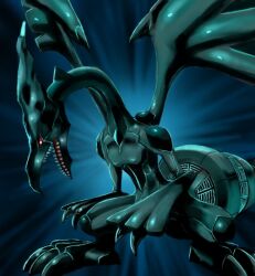1other claws cosmo_(465lilia) dragon duel_monster gen_5_pokemon legendary_pokemon nintendo open_mouth parody pokemon pokemon_(creature) red-eyes_black_dragon red_eyes sharp_teeth solo style_parody tail teeth toe_claws wings yu-gi-oh! zekrom