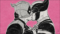 2boys azuko_(@zuco) beard bodysuit commentary deadpool deadpool_&amp;_wolverine deadpool_(series) facial_hair flower gloves hand_on_another&#039;s_neck heart heart-shaped_pupils highres holding holding_flower kiss male_focus marvel marvel_cinematic_universe mask mask_lift multiple_boys muscular muscular_male pectorals pink_background scar scars_all_over signature superhero_costume symbol-only_commentary symbol-shaped_pupils too_many wolverine_(x-men) x-men yaoi