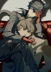 2boys akechi_gorou amamiya_ren animal_ear_fluff animal_ears black_gloves black_hair black_jacket black_pants brown_eyes brown_hair brown_jacket closed_mouth commentary_request fox_ears gloves hair_between_eyes highres jacket long_sleeves male_focus multiple_boys pants persona persona_5 red_gloves shiosakana short_hair
