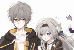 ! !! 1boy 2girls black_hairband black_jacket blush bridal_gauntlets caelus_(honkai:_star_rail) collared_shirt fingerless_gloves firefly_(honkai:_star_rail) gloves gradient_hair grey_hair hair_between_eyes hair_ornament hair_ribbon hairband hashtag-only_commentary hetero highres honkai:_star_rail honkai_(series) hsr_shiro jacket long_hair multicolored_hair multiple_girls open_clothes open_jacket open_mouth pushing ribbon shirt short_hair silver_wolf_(honkai:_star_rail) simple_background single_bridal_gauntlet sweatdrop tinted_eyewear trailblazer_(honkai:_star_rail) white_background white_shirt yellow_eyes