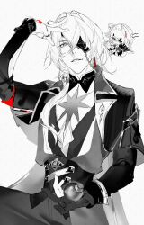 1boy anaxa_(honkai:_star_rail) animal_ears cat_ears chibi deciqm eyepatch gloves grin hand_tattoo hand_up highres holding honkai:_star_rail honkai_(series) looking_at_viewer male_focus multiple_views one_eye_covered partially_colored partially_fingerless_gloves red_pupils red_tattoo simple_background smile solo tattoo teeth white_background