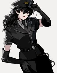 1boy amamiya_ren belt black_gloves black_hair black_hat black_jacket black_necktie black_skirt collared_shirt crossdressing elbow_gloves gloves grey_eyes hair_between_eyes hat highres jacket lipstick long_hair makeup male_focus necktie persona persona_5 persona_5:_dancing_star_night persona_dancing police police_hat police_uniform red_eyes red_lips saichuu_(more1208) shirt simple_background skirt solo trap wavy_hair white_background white_shirt
