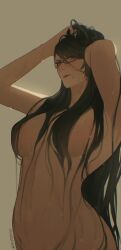 1girl armpits arms_up artist_name bayonetta bayonetta_(series) black_hair breasts completely_nude glasses hair_over_breasts hand_in_own_hair highres hiroshi_(hiiroshiiii) looking_at_viewer mole mole_under_mouth nude solo upper_body wet wet_hair