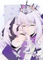 2girls absurdres bare_shoulders castorice_(honkai:_star_rail) closed_eyes closed_mouth dress eyepatch flower hair_flower hair_ornament highres honkai:_star_rail honkai_(series) hug long_hair multiple_girls pointy_ears polyxia_(honkai:_star_rail) purple_hair smile tiara white_dress white_hair xiaobao