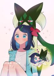 1girl affectionate aqua_jacket black_hair blush chibi colored_inner_hair commentary_request cowlick hair_ornament hairclip hands_on_another&#039;s_shoulders heart highres jacket knees liko_(pokemon) long_hair meowscarada multicolored_hair nintendo open_clothes open_jacket pokemon pokemon_(anime) pokemon_(creature) pokemon_horizons rei_hinketsu shirt sparkle swept_bangs twitter_username watermark white_background white_shirt