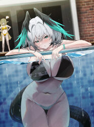 2girls absurdres against_glass alternate_costume anger_vein aqua_bikini aqua_feathers aqua_wings arknights bikini black_bikini blush breast_press breasts breasts_on_glass chinese_commentary cleavage collarbone commentary_request cowboy_shot grey_hair hair_between_eyes head_wings highres ho&#039;olheyak_(arknights) huge_breasts long_tail looking_at_viewer muelsyse_(arknights) multicolored_bikini multiple_girls navel orange_bikini parted_lips partially_submerged pool sideboob snake_tail stomach sviggum swimsuit tail thighs two-tone_bikini two-tone_feathers two-tone_wings underboob wet wings