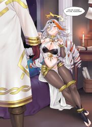 1girl 1other absurdres alternate_costume baldr_(fire_emblem) baldr_(fire_emblem_heroes) baldr_sky breasts candle cleavage cosplay cuffs dancer dorothea_arnault dorothea_arnault_(plegian) dorothea_arnault_(plegian)_(cosplay) emblem) english_text fire_emblem fire_emblem_heroes grey_hair handcuffs heterochromia highres holding holding_handcuffs igni_tion indoors kiran_(fire_emblem) large_breasts multicolored_hair nail_polish navel night nintendo on_bed orange_hair pelvic_curtain red_nails sitting smile yellow_eyes