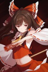1girl ascot bow brown_eyes brown_hair chest_sarashi chunjiu closed_mouth commentary detached_sleeves frilled_bow frilled_hair_tubes frills gohei hair_bow hair_tubes hakurei_reimu highres holding holding_gohei long_hair midriff navel ofuda red_bow red_skirt ribbon-trimmed_sleeves ribbon_trim sarashi skirt skirt_set solo touhou yellow_ascot