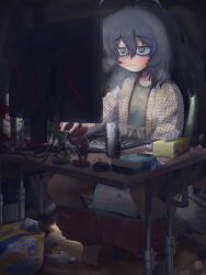 1girl ahoge alcohol antenna_hair barefoot beer_can blush can chair clothes_pull computer dark desk drink_can eyebrows_hidden_by_hair female_masturbation figure gaming_chair green_eyes hair_between_eyes hair_down iron-chan_(mushita_iron) jimiko long_hair masturbation messy_room mojyo monitor mushita_iron nintendo original pants pants_pull solo splatoon_(series) sweatdrop swivel_chair thick_eyebrows tissue tissue_box wavy_mouth