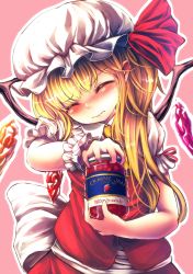 1girl bad_id bad_pixiv_id blonde_hair blush closed_eyes commentary_request english_text engrish_text female_focus flandre_scarlet food frilled_hat frilled_sleeves frills fruit hat hat_ribbon highres jam jar long_hair maru_daizu_(aqua6233) mob_cap pink_background puffy_short_sleeves puffy_sleeves ranguage red_ribbon red_vest ribbon short_sleeves solo strawberry strawberry_jam touhou trembling upper_body vest white_hat wings wrist_cuffs