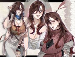 1girl black_nails breasts brown_hair brown_sweater cleavage copyright_request dress eyewear_hang highres jacket jewelry letterboxed long_hair m_omoo mole mole_under_eye multiple_views necklace off_shoulder open_mouth outside_border red-framed_eyewear skirt sweater tucking_hair turtleneck turtleneck_sweater unworn_eyewear white_dress white_skirt