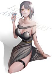 1girl 35oku_vs absurdres anniversary bare_shoulders black_survival bow bracelet breasts cleavage cocktail_glass collarbone cropped_legs cup dr._nadja dress drinking_glass english_text eternal_return:_black_survival feet_out_of_frame grey_dress grey_hair hair_bow hair_ornament highres holding holding_cup jewelry light_blush long_hair looking_at_viewer medium_breasts open_mouth shadow simple_background sitting sleeveless smile solo teeth thighs upper_teeth_only white_background yellow_bow yellow_eyes