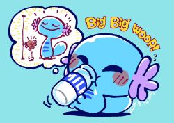animal_focus blue_background blue_theme blush bottle closed_eyes commentary dated drinking english_commentary english_text gen_2_pokemon highres milk milk_bottle nintendo no_humans paldean_wooper pokemon pokemon_(creature) saba_hokke smile speech_bubble thought_bubble wooper