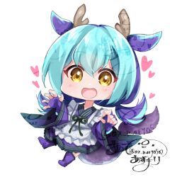 1girl az_(colorb05) blue_hair blue_kimono blue_tail chibi dragon_girl dragon_horns dragon_tail duel_monster full_body horns japanese_clothes kimono laundry_dragonmaid maid medium_hair simple_background solo tail white_background yellow_eyes yu-gi-oh!
