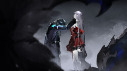 1girl 1other arknights bare_shoulders black_jacket detached_sleeves doctor_(arknights) dress faceless faceless_female grey_hair highres hood hood_up hooded_jacket jacket long_hair long_sleeves qingjiaokuaigengxin red_dress red_sleeves skadi_(arknights) skadi_the_corrupting_heart_(arknights) very_long_hair wide_sleeves