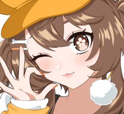 1girl :3 aki_orange asymmetrical_bangs bone_hair_ornament bright_pupils brown_eyes brown_hair close-up closed_mouth commission double-parted_bangs flower-shaped_pupils hair_ornament half-heart_hands hand_up happy hat hitotose_0814 indie_virtual_youtuber light_blush light_smile lipgloss long_hair long_sleeves looking_at_viewer nail_polish newsboy_cap orange_hat orange_nails orange_sweater pom_pom_(clothes) portrait simple_background skeb_commission sleeves_past_wrists solo sweater symbol-shaped_pupils twintails white_background white_pupils