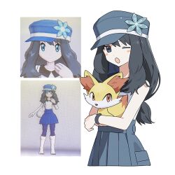 Rule 34 | 1girl, alternate color, alternate costume, alternate eye color, alternate hairstyle, black hair, blue eyes, blue skirt, blue thighhighs, blush, boots, bracelet, breasts, closed mouth, fennekin, flower, gen 6 pokemon, hat, hat flower, highres, holding, holding pokemon, jewelry, long hair, looking at viewer, nintendo, one eye closed, open mouth, oromnt, pleated skirt, pokemon, pokemon (creature), pokemon xy, serena (pokemon), shirt, skirt, sleeveless, smile, solo, thighhighs, white boots, white shirt