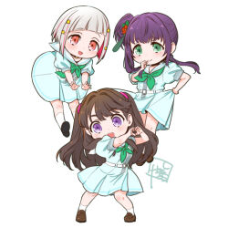 3girls :d black_shoes blue_dress breasts brown_hair brown_shoes chibi chibi_only clenched_hand closed_mouth colored_inner_hair commentary_request dress dress_tug flower fujishima_megumi green_eyes green_neckerchief grey_hair hair_bun hair_flower hair_ornament hasu_no_sora_school_uniform heart heart_hands large_breasts link!_like!_love_live! loafers long_hair love_live! medium_dress multicolored_hair multiple_girls neckerchief open_hands open_mouth orange_eyes otomune_kozue pleated_dress purple_eyes purple_hair red_flower red_hair sailor_collar sailor_dress school_uniform shinanoya_(satanicad) shoes short_hair side_ponytail sidelocks signature simple_background single_side_bun smile socks star_(symbol) star_hair_ornament streaked_hair summer_uniform tassel tassel_hair_ornament teeth two_side_up upper_teeth_only virtual_youtuber white_background white_sailor_collar white_socks yugiri_tsuzuri