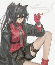 1girl arknights benpao_gou_gou between_fingers black_hair black_jacket black_shorts chinese_commentary cigarette closed_mouth collared_shirt commentary_request diagonal-striped_clothes diagonal-striped_necktie gloves green_necktie grey_background hair_between_eyes holding holding_cigarette jacket knee_up long_hair looking_at_viewer necktie oekaki official_alternate_costume red_eyes red_gloves red_shirt shirt shorts simple_background sitting smoke solo striped_clothes striped_shorts texas_(arknights) texas_(willpower)_(arknights) thigh_strap vertical-striped_clothes vertical-striped_shorts