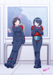 2girls artist_name black_bodysuit black_hair blue_eyes bodysuit breasts closed_eyes commentary_request cup dated drinking_straw emma_sheen full_body gundam gundam_gquuuuuux gundam_mk_ii helmet holding_unworn_helmet mecha mecha_pilot_suit mobile_suit moke_ro multiple_girls open_mouth robot science_fiction shiiko_sugai short_hair signature smile titans_(gundam) twitter_username unworn_headwear unworn_helmet zero_gravity zeta_gundam