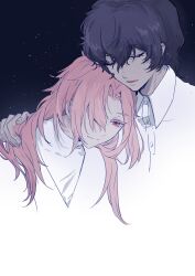 Rule 34 | 2boys, absurdres, black hair, chinese commentary, closed mouth, collared shirt, colored eyelashes, commentary request, curtained hair, eyelashes, gu fen, hair between eyes, hair over one eye, hatsutori hajime, head on another&#039;s shoulder, highres, long hair, male focus, multiple boys, night, night sky, open mouth, parted bangs, pink hair, red eyes, saibou shinkyoku, shirt, short hair, sky, smile, star (sky), starry sky, utsugi noriyuki