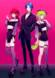 1boy 2girls alternate_costume alternate_hair_length alternate_hairstyle bare_shoulders belt black_belt blue_eyes blue_hair blush bra breasts collarbone commentary_request crop_top fishnets full_body green_hair hands_in_pockets high_heels highres kaito_(vocaloid) kasane_teto legwear_garter lipstick lipstick_mark long_hair looking_at_viewer low_ponytail makeup multiple_girls nokuhashi off_shoulder pants parted_bangs pectoral_cleavage pectorals pink_background ponytail red_eyes red_hair short_hair shorts skirt standing thigh_strap thighhighs underwear very_long_hair vocaloid voiceroid voicevox yellow_eyes zundamon