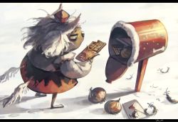 1girl candy chocolate chocolate_bar commentary feathers female_focus food inubashiri_momiji koto_inari letter letterboxed low_wings mailbox onion shameimaru_aya shameimaru_aya_(crow) short_hair snow solo touhou wings