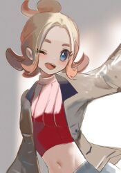 1girl ;d blonde_hair blue_eyes breasts cropped_shirt eyelashes hair_bun happy jacket midriff mixed-language_commentary navel nintendo one_eye_closed open_clothes open_jacket open_mouth pokemon pokemon_legends:_z-a red_shirt ribbed_shirt ringosan2329 shirt smile solo taunie_(pokemon) teeth upper_teeth_only