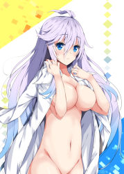 1girl :&lt; ahoge blue_eyes blue_hair blush breasts cleavage closed_mouth collarbone commentary_request dress_shirt female_focus fuyou-chan gradient_hair groin hair_between_eyes large_breasts long_hair looking_at_viewer milkpanda multicolored_hair naked_shirt navel open_clothes open_shirt original purple_hair shirt sidelocks solo very_long_hair white_shirt