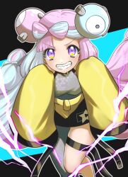 1girl bow-shaped_hair character_hair_ornament commentary_request grey_shirt grin hair_ornament happy highres iono_(pokemon) jacket long_hair long_sleeves looking_at_viewer multicolored_hair nintendo pink_hair pokemon pokemon_sv purple_eyes shirt single_leg_pantyhose sleeveless sleeveless_shirt sleeves_past_fingers sleeves_past_wrists smile solo teeth thigh_strap two-tone_hair yellow_jacket yuuki510510