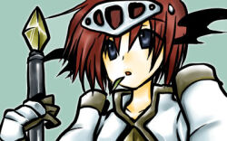 Rule 34 | 1girl, ark kan, armor, black eyes, black wings, blue background, breastplate, commentary request, demon wings, head wings, holding, holding polearm, holding weapon, leaf in mouth, looking at viewer, lord knight (ragnarok online), lowres, open mouth, pauldrons, polearm, ragnarok online, short hair, shoulder armor, simple background, solo, spear, upper body, visor (armor), weapon, wings