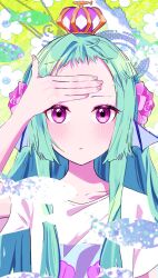 1girl aqua_hair blush collarbone commentary crown dot_nose english_commentary expressionless finana_ryugu fins flower forehead hair_flower hair_ornament hand_on_own_forehead head_fins highres long_hair looking_at_viewer nijisanji nijisanji_en purple_eyes shirt solo t-shirt very_long_hair virtual_youtuber yujirou_39