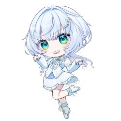 1girl :d absurdres ascot blue_ascot blue_eyes blush boots briareos chibi chibi_only commentary_request dress frilled_dress frills full_body highres kasukane_shino large_variant_set long_hair looking_at_viewer nanashi_inc. open_mouth smile solo standing standing_on_one_leg transparent_background variant_set virtual_youtuber white_boots white_dress white_hair