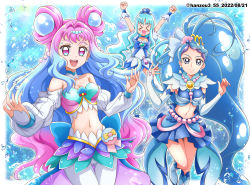 &gt;_&lt; 3girls :d air_bubble arms_up bare_shoulders blue_choker blue_dress blue_eyes blue_footwear blue_hair blue_nails blue_shirt blue_skirt blue_sleeves blush_stickers boots bow breasts brooch bubble choker cleavage closed_eyes closed_mouth collarbone commentary_request cowboy_shot crop_top cure_la_mer cure_marine cure_mermaid dated detached_sleeves dress earrings eyelash_ornament go!_princess_precure gradient_hair hair_between_eyes hair_intakes hair_ornament hanzou heart heart_brooch heart_in_eye heartcatch_precure! highres jewelry knee_boots layered_skirt leggings long_hair looking_at_viewer magical_girl medium_breasts midriff multicolored_eyes multicolored_hair multiple_girls nail_polish navel off_shoulder open_mouth partial_commentary pearl_hair_ornament pink_eyes pink_hair precure purple_hair shell shell_earrings shirt short_sleeves sidelocks skirt sleeveless sleeveless_shirt smile standing standing_on_one_leg streaked_hair symbol_in_eye teeth thick_eyelashes thighhighs trait_connection tropical-rouge!_precure twitter_username two-tone_hair upper_teeth_only very_long_hair waist_bow white_leggings white_sleeves white_thighhighs wrist_cuffs
