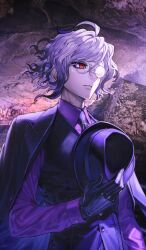 1boy black_gloves black_hat black_jacket black_necktie black_vest collared_shirt commentary_request edmond_dantes_(fate) fate/grand_order fate_(series) game_cg glasses gloves hat holding holding_unworn_clothes holding_unworn_hat jacket jacket_on_shoulders lapels male_focus necktie official_art opaque_glasses parted_lips partially_opaque_glasses peaked_lapels photo_background purple_shirt red_eyes round_eyewear routo shirt short_hair solo suit_jacket the_count_of_monte_cristo_(fate) the_count_of_monte_cristo_(over_the_same_sky)_(fate) third-party_source underground unworn_hat unworn_headwear upper_body vest waistcoat white_hair wing_collar