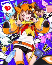 1girl absurdres ahoge bell black_shorts book bottle brown_hair gigi_murin gigi_murin_(1st_costume) heart heart_hands highres hololive hololive_english long_sleeves looking_at_viewer multicolored_hair open_mouth pencil pink_eyes short_hair shorts smile solo suddenboom_art thumbs_up twintails two-tone_hair virtual_youtuber water_bottle