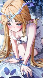 Rule 34 | 1girl, absurdres, all fours, alternate costume, bare shoulders, blonde hair, blush, breasts, cartethyia (wuthering waves), closed mouth, collarbone, commentary request, crown of thorns, dress, ear blush, earrings, embarrassed, highres, jewelry, kiyokatsu (kyktsu0908), long hair, looking at viewer, medium breasts, multiple earrings, parted bangs, pointy ears, sidelocks, solo, tacet mark (wuthering waves), white dress, wuthering waves